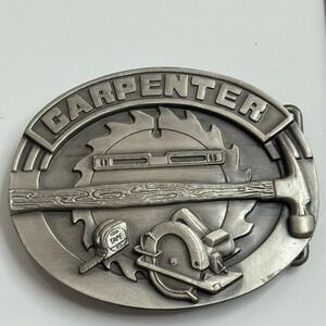 Siskiyou Carpenter Belt Buckle 1991 Pewter Hammer Saw Tape Measure Tool Design‎